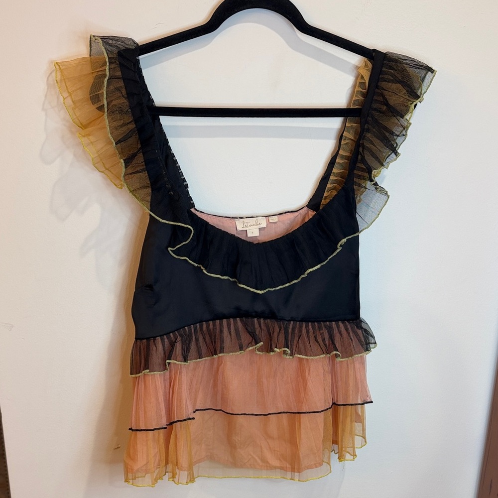 Ruffled Layered Sheer Blouse - Black & Peach